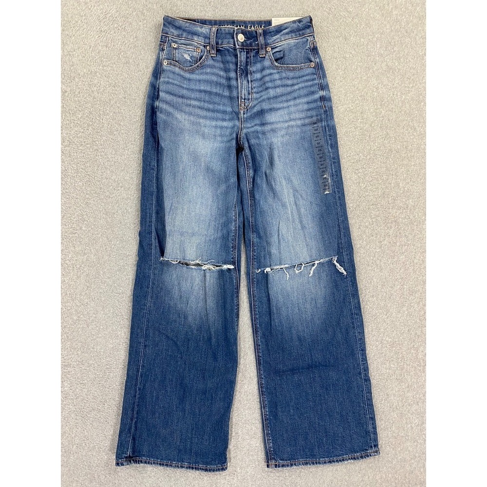 American Eagle Womens 00 Super High Rise Dreamy Drape Distressed Wide Leg Jeans